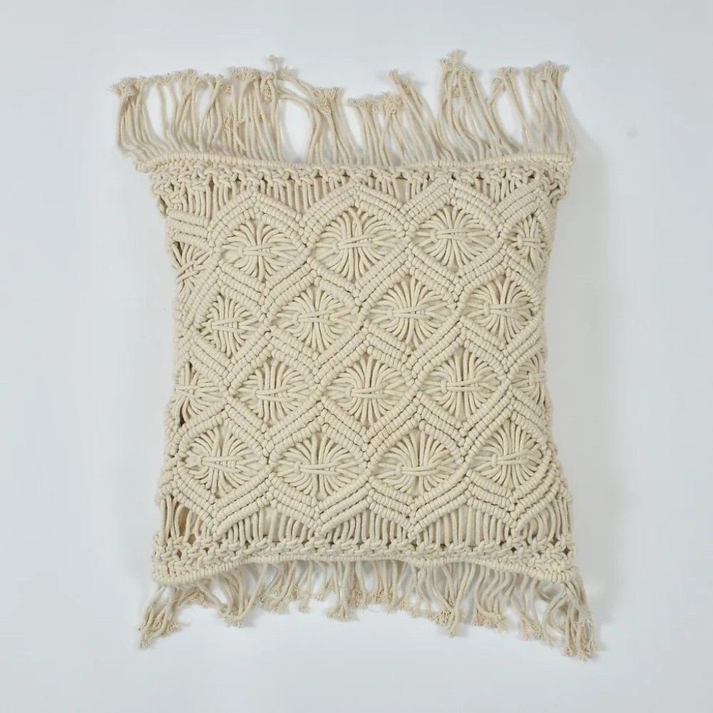 Macrame Cushion Cover, Zig Zag Lines Diamond Boxes, 18x18 inches, Pack of 1 - Picture 2 of 6